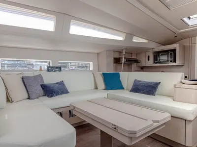 Salon of Elyvian Breeze, a Jeanneau 60 sailboat at Santa Maria di Leuca, Italy