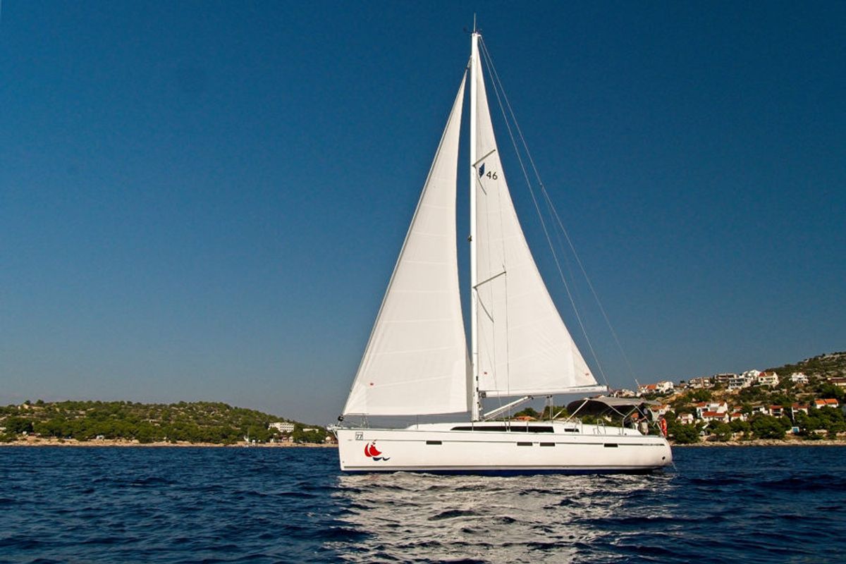 Exterior view of MH 86, a Bavaria Cruiser 46 sailboat at Murter, Croatia