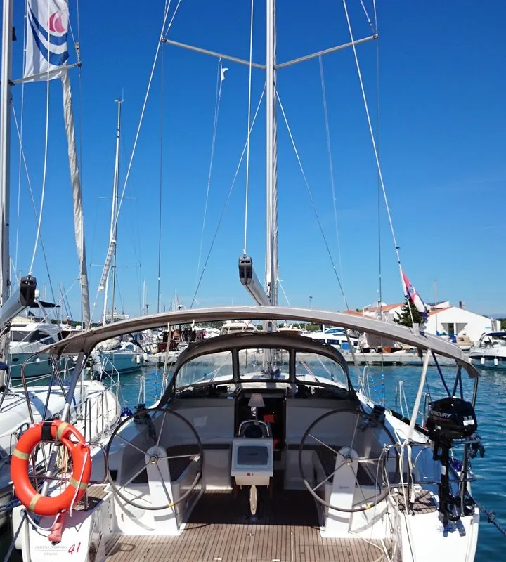 Deck of MH 53, a Bavaria Cruiser 46 sailboat at Murter, Croatia