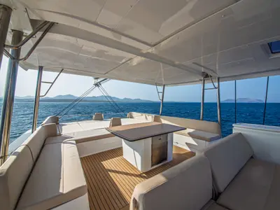 Deck of Puma, a Bali 5.8 catamaran at Olbia, Italy