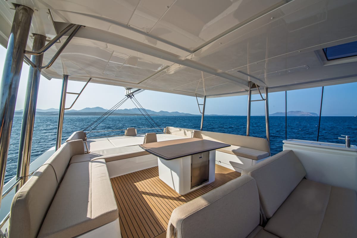 Deck of Puma, a Bali 5.8 catamaran at Olbia, Italy