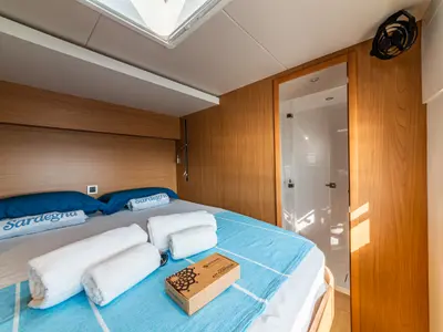 Cabin on Puma, a Bali 5.8 catamaran at Olbia, Italy