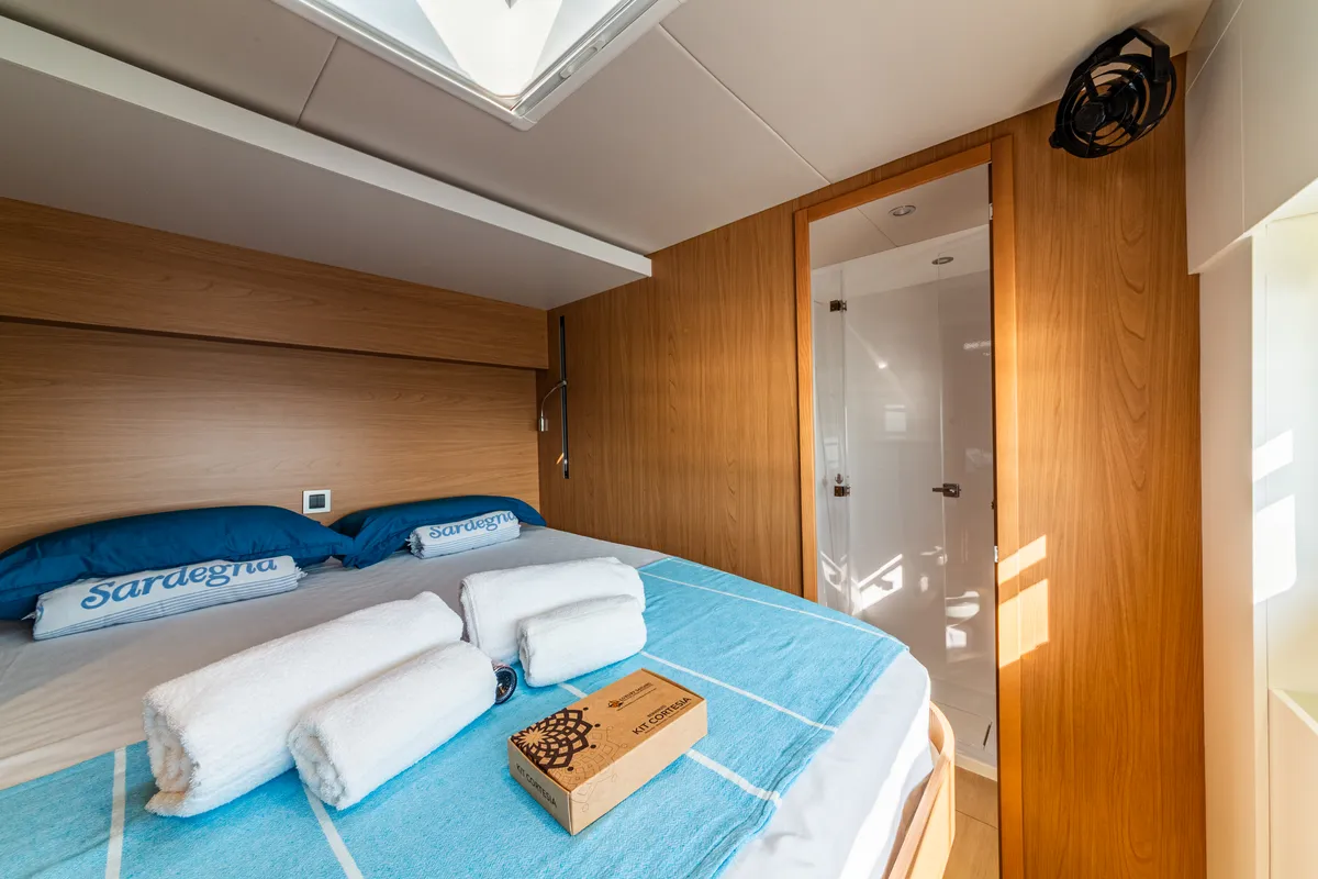 Cabin on Puma, a Bali 5.8 catamaran at Olbia, Italy