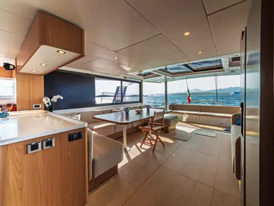 Salon of Puma, a Bali 5.8 catamaran at Olbia, Italy