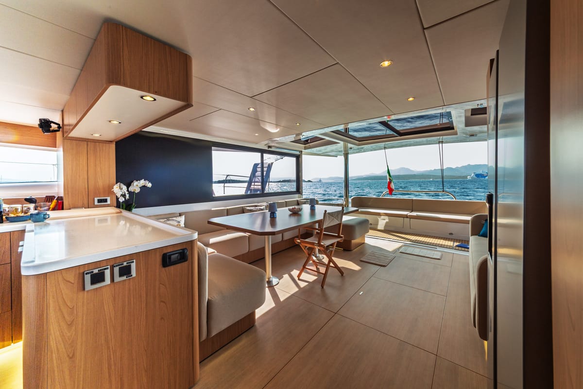 Salon of Puma, a Bali 5.8 catamaran at Olbia, Italy