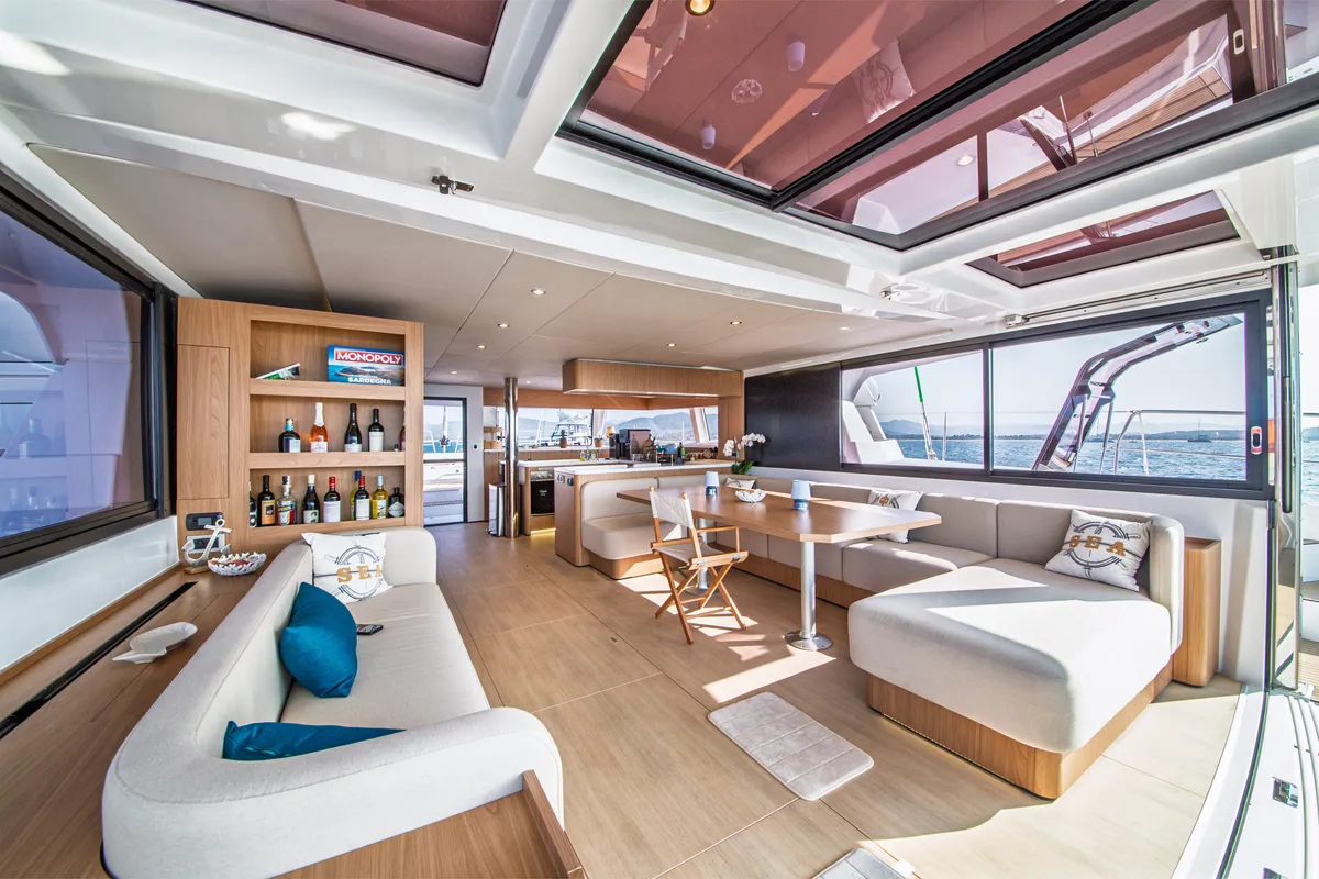 Salon of Puma, a Bali 5.8 catamaran at Olbia, Italy