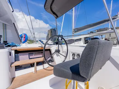 Cockpit of Carpe Diem, a Nautitech Rochefort Nautitech 44 Open catamaran at Road Town, British Virgin Islands