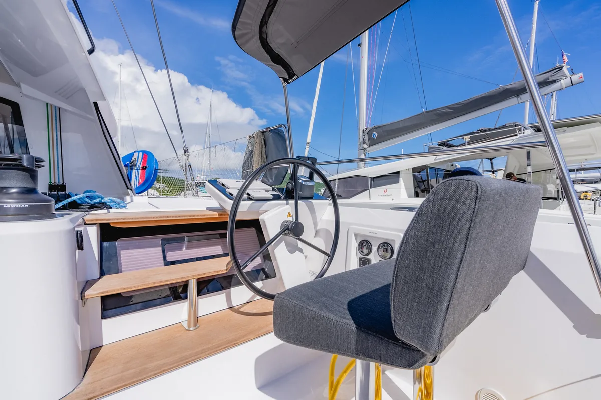 Cockpit of Carpe Diem, a Nautitech Rochefort Nautitech 44 Open catamaran at Road Town, British Virgin Islands