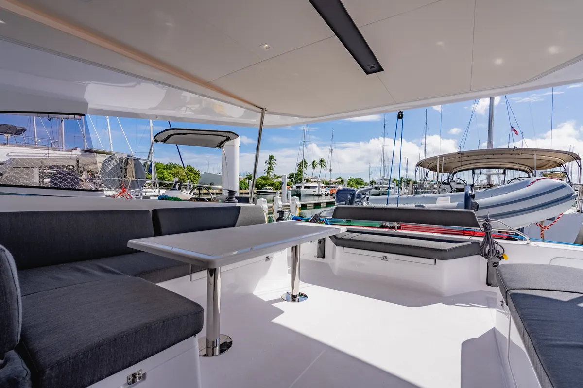 Deck of Carpe Diem, a Nautitech Rochefort Nautitech 44 Open catamaran at Road Town, British Virgin Islands
