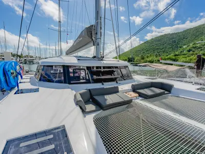 Deck of Carpe Diem, a Nautitech Rochefort Nautitech 44 Open catamaran at Road Town, British Virgin Islands