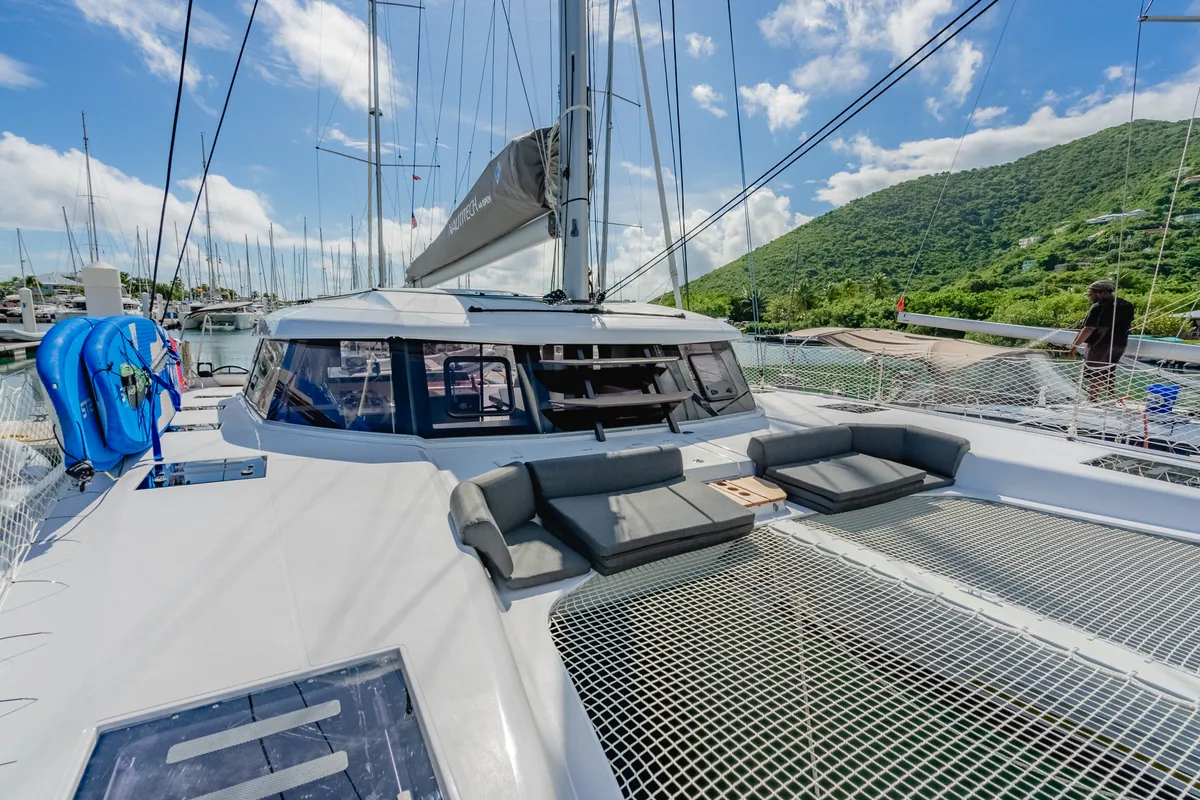 Deck of Carpe Diem, a Nautitech Rochefort Nautitech 44 Open catamaran at Road Town, British Virgin Islands