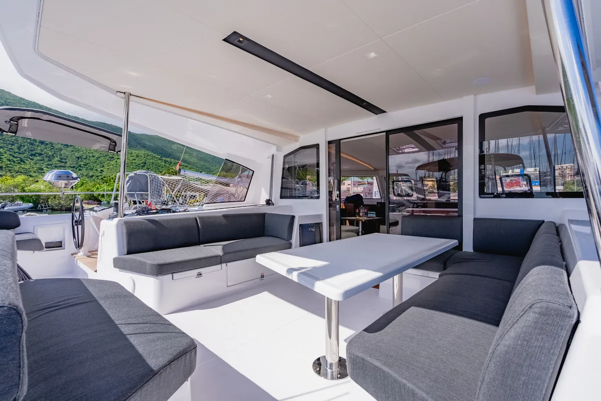 Deck of Carpe Diem, a Nautitech Rochefort Nautitech 44 Open catamaran at Road Town, British Virgin Islands
