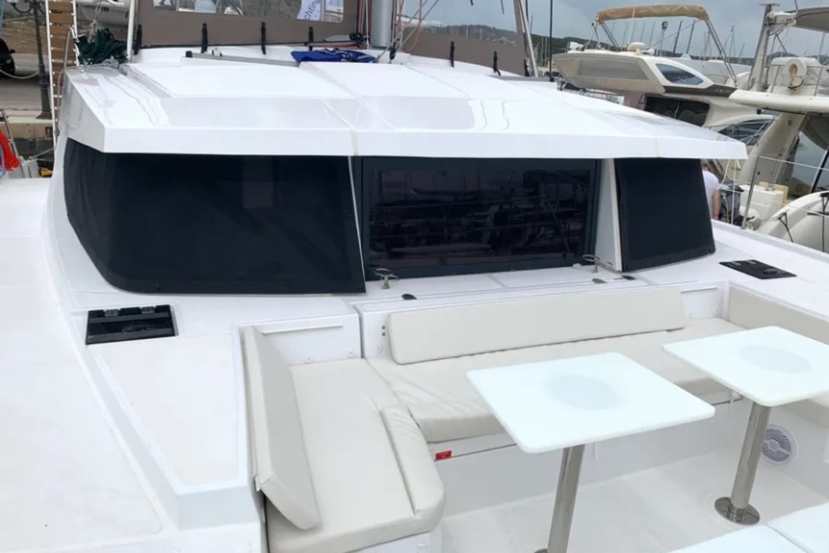 Deck of Medusa I, a Bali 4.1 catamaran at Municipal Unit of Lefkada, Greece