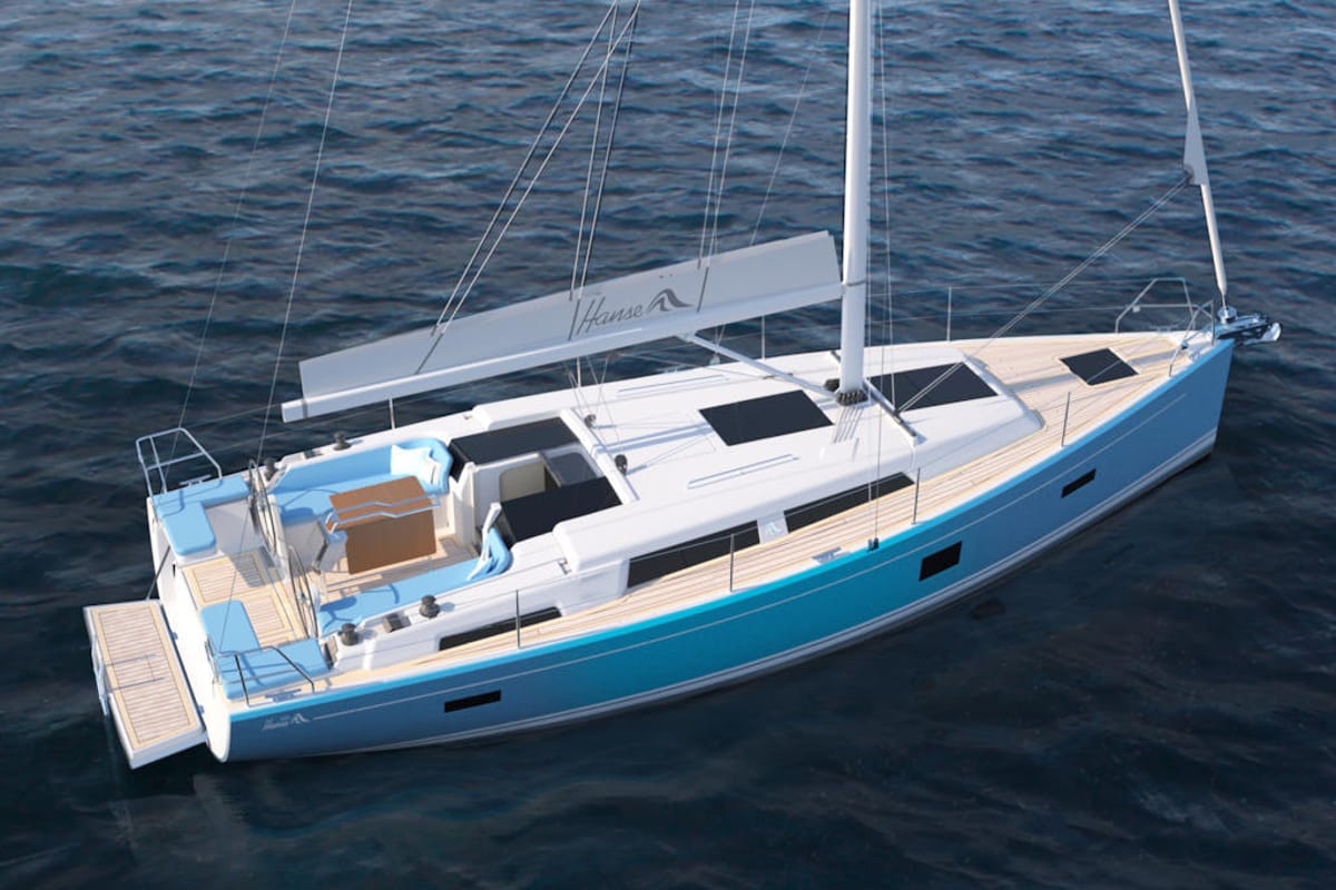 Exterior view of Cassis, a Hanse Yachts Hanse 388 sailboat at Seget Donji, Croatia