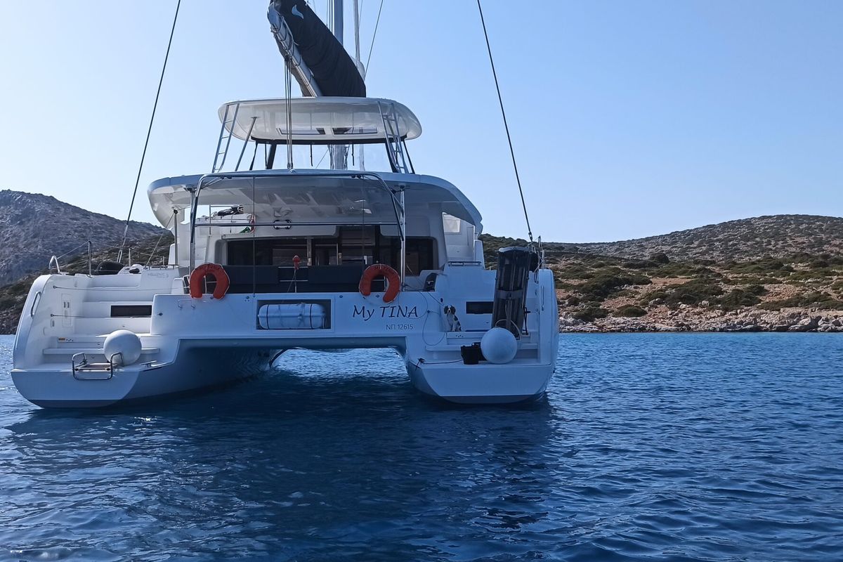Exterior view of My Tina, a Lagoon 46 catamaran at Kontokali, Greece