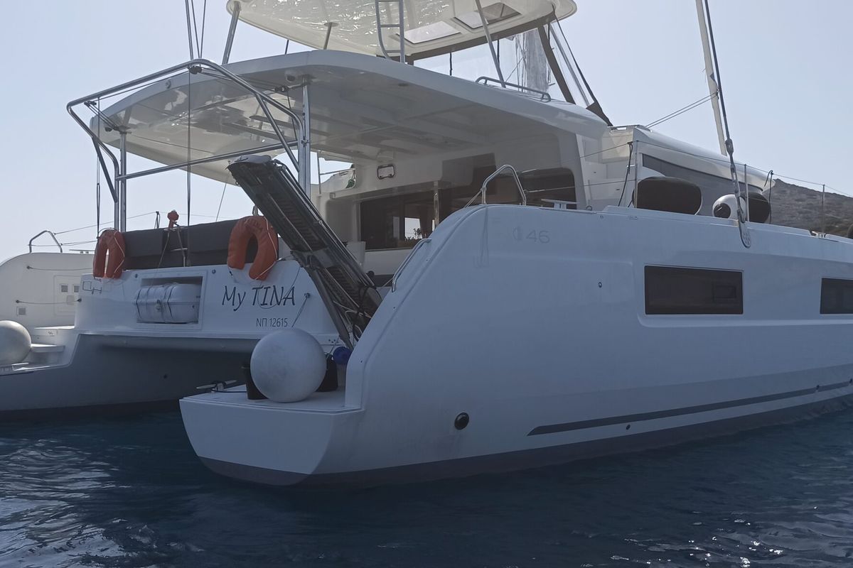 Exterior view of My Tina, a Lagoon 46 catamaran at Kontokali, Greece
