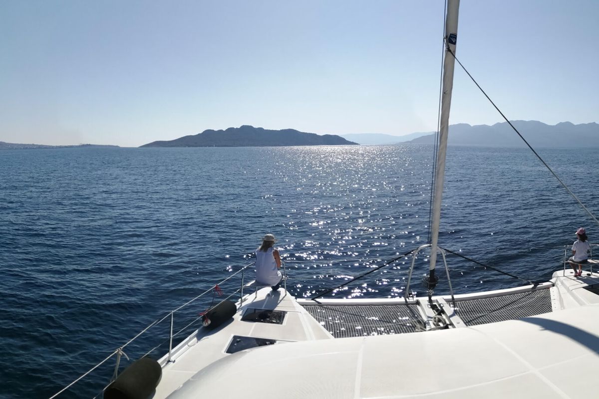 Deck of My Tina, a Lagoon 46 catamaran at Kontokali, Greece