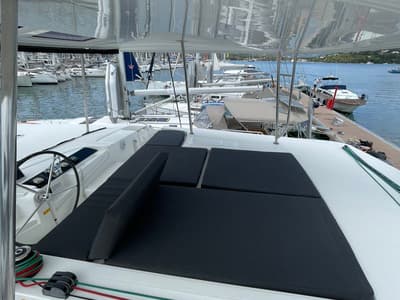 Cockpit of My Tina, a Lagoon 46 catamaran at Kontokali, Greece