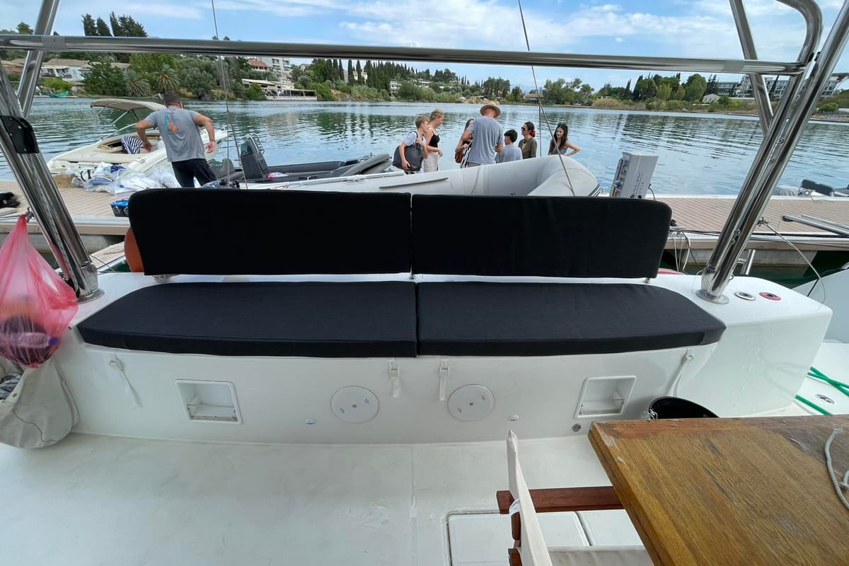 Deck of My Tina, a Lagoon 46 catamaran at Kontokali, Greece