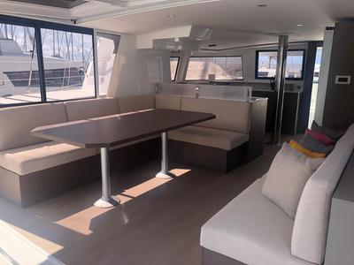 Salon of NADIR, a Bali 4.6 catamaran at Capo d'Orlando, Italy