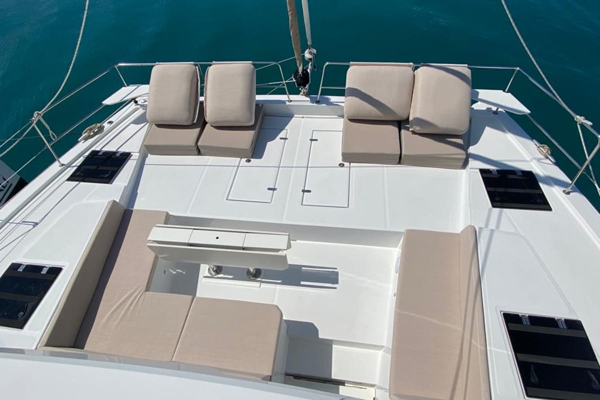 Deck of NADIR, a Bali 4.6 catamaran at Capo d'Orlando, Italy