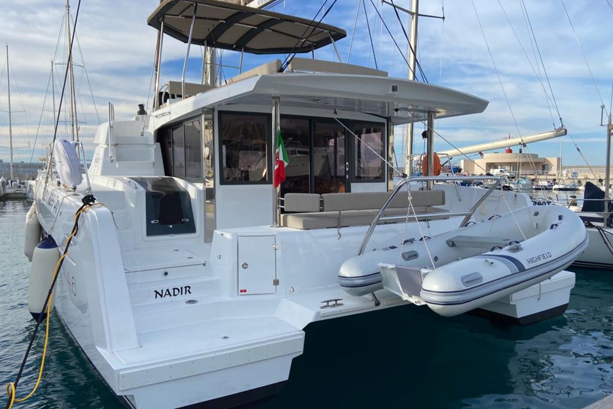 Exterior view of NADIR, a Bali 4.6 catamaran at Capo d'Orlando, Italy