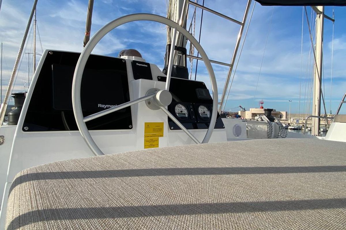 Cockpit of NADIR, a Bali 4.6 catamaran at Capo d'Orlando, Italy