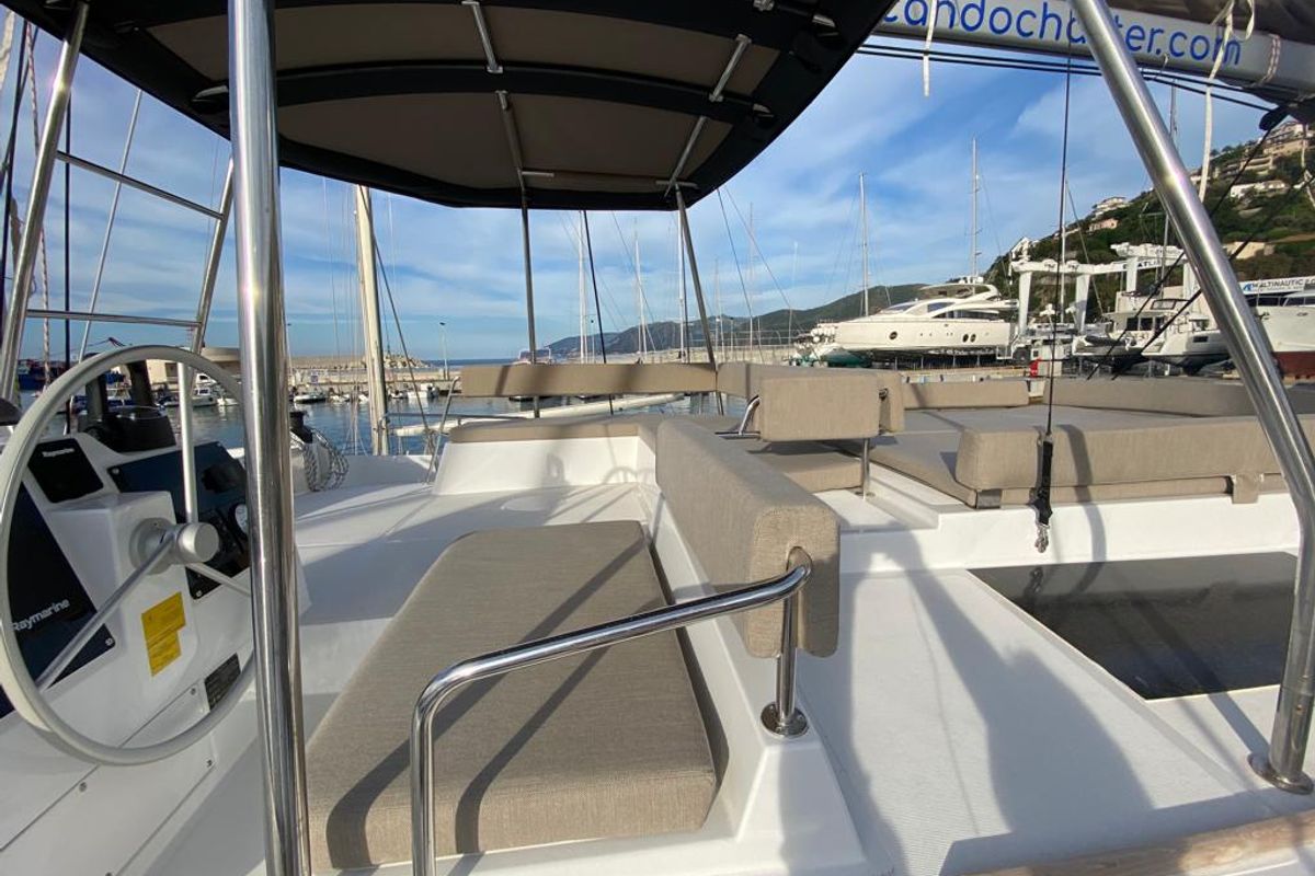 Cockpit of NADIR, a Bali 4.6 catamaran at Capo d'Orlando, Italy