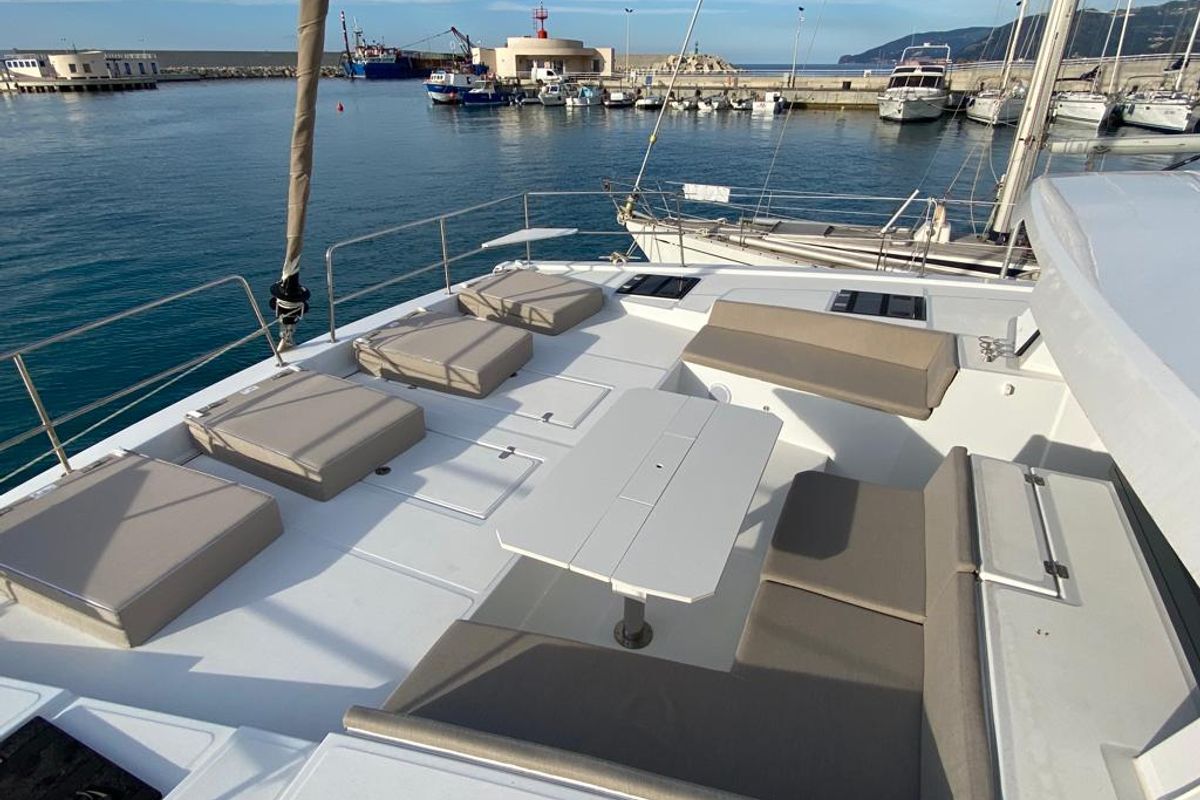 Deck of NADIR, a Bali 4.6 catamaran at Capo d'Orlando, Italy