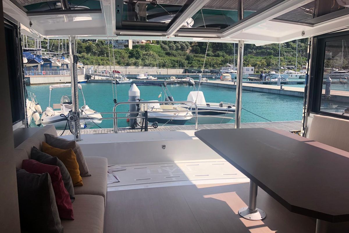 Deck of NADIR, a Bali 4.6 catamaran at Capo d'Orlando, Italy