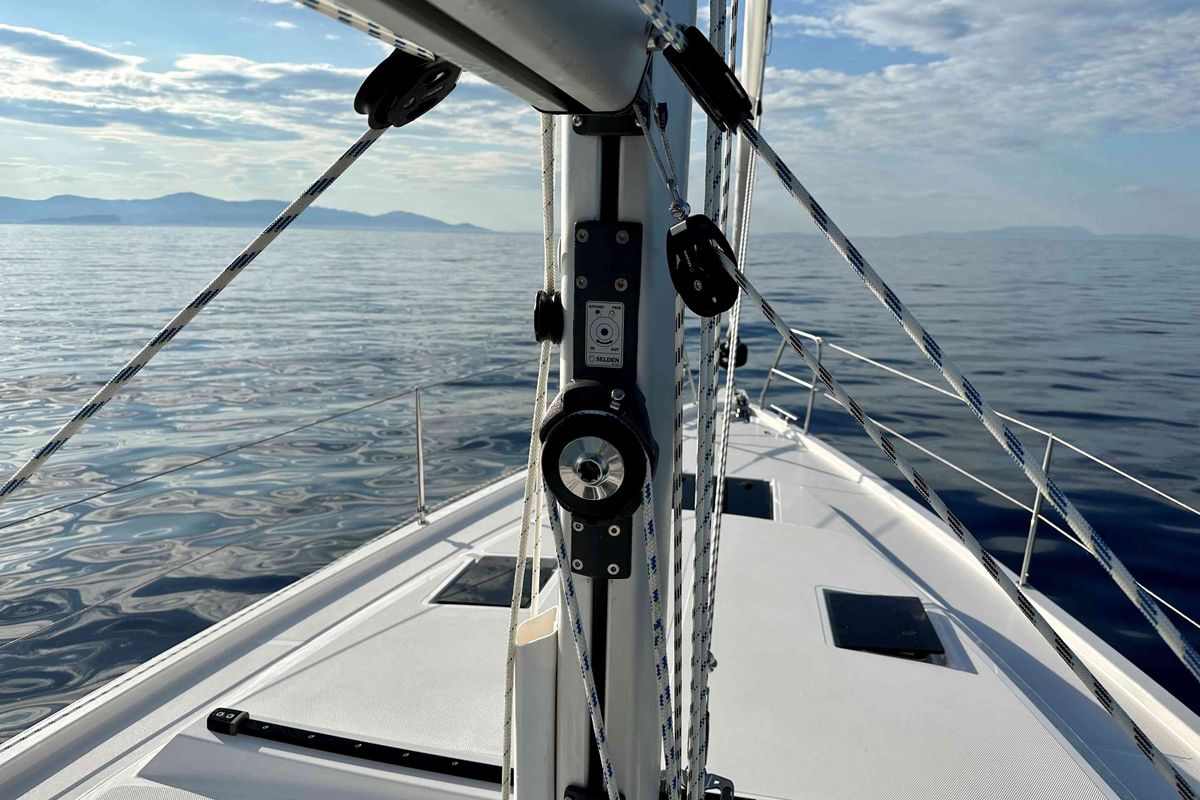 Deck of ERMIS, a Bavaria C42 sailboat at Municipal Unit of Lefkada, Greece