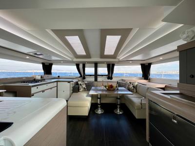 Salon of Sea Energy II, a Fountaine Pajot Elba 45 catamaran at Athens, Greece