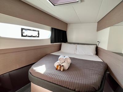 Cabin on Sea Energy II, a Fountaine Pajot Elba 45 catamaran at Athens, Greece