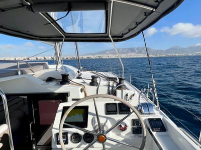 Cockpit of Sea Energy II, a Fountaine Pajot Elba 45 catamaran at Athens, Greece