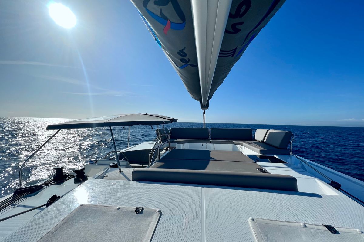 Deck of Sea Energy II, a Fountaine Pajot Elba 45 catamaran at Athens, Greece