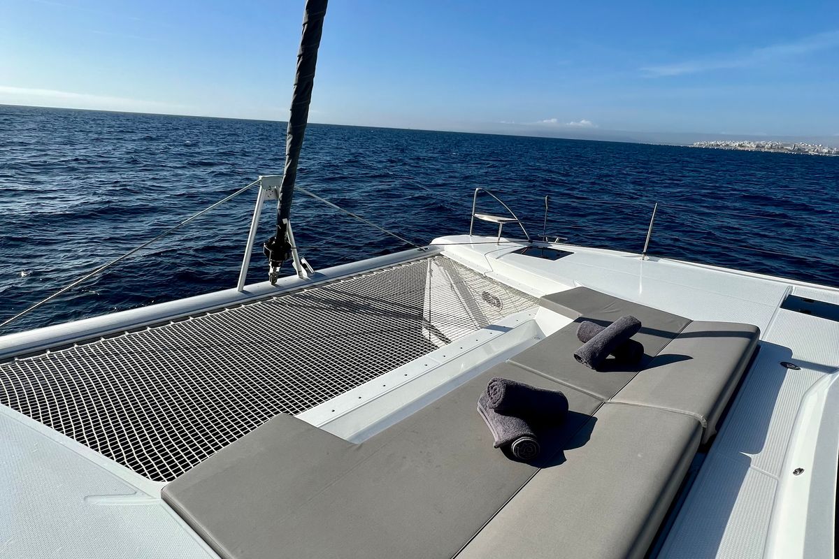 Deck of Sea Energy II, a Fountaine Pajot Elba 45 catamaran at Athens, Greece