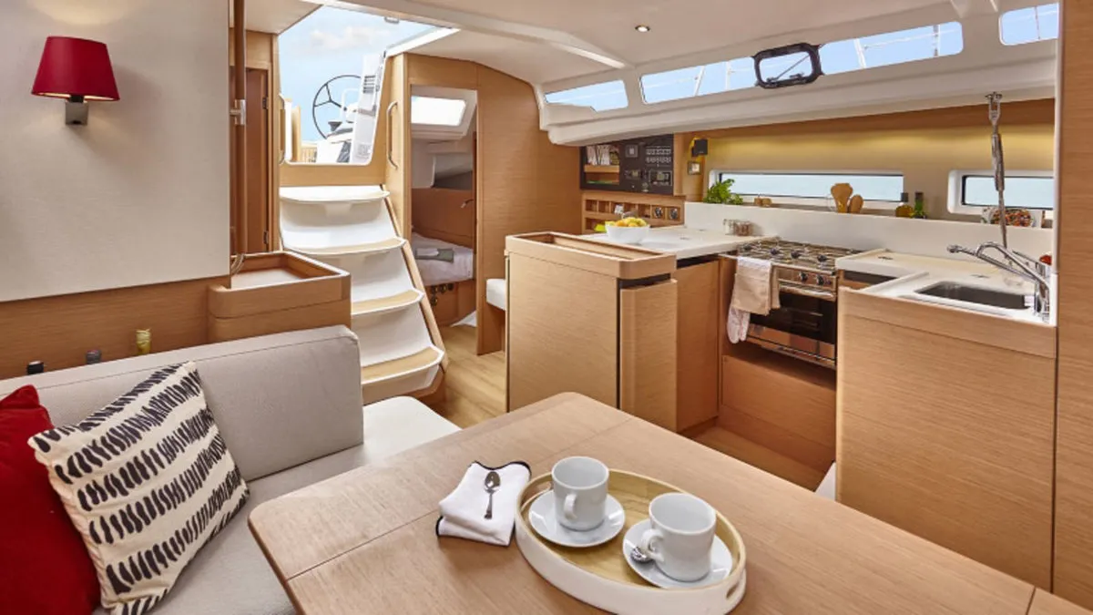 Salon of Sunsail 44 SO Classic, a Jeanneau Sun Odyssey 440 sailboat at Procida, Italy