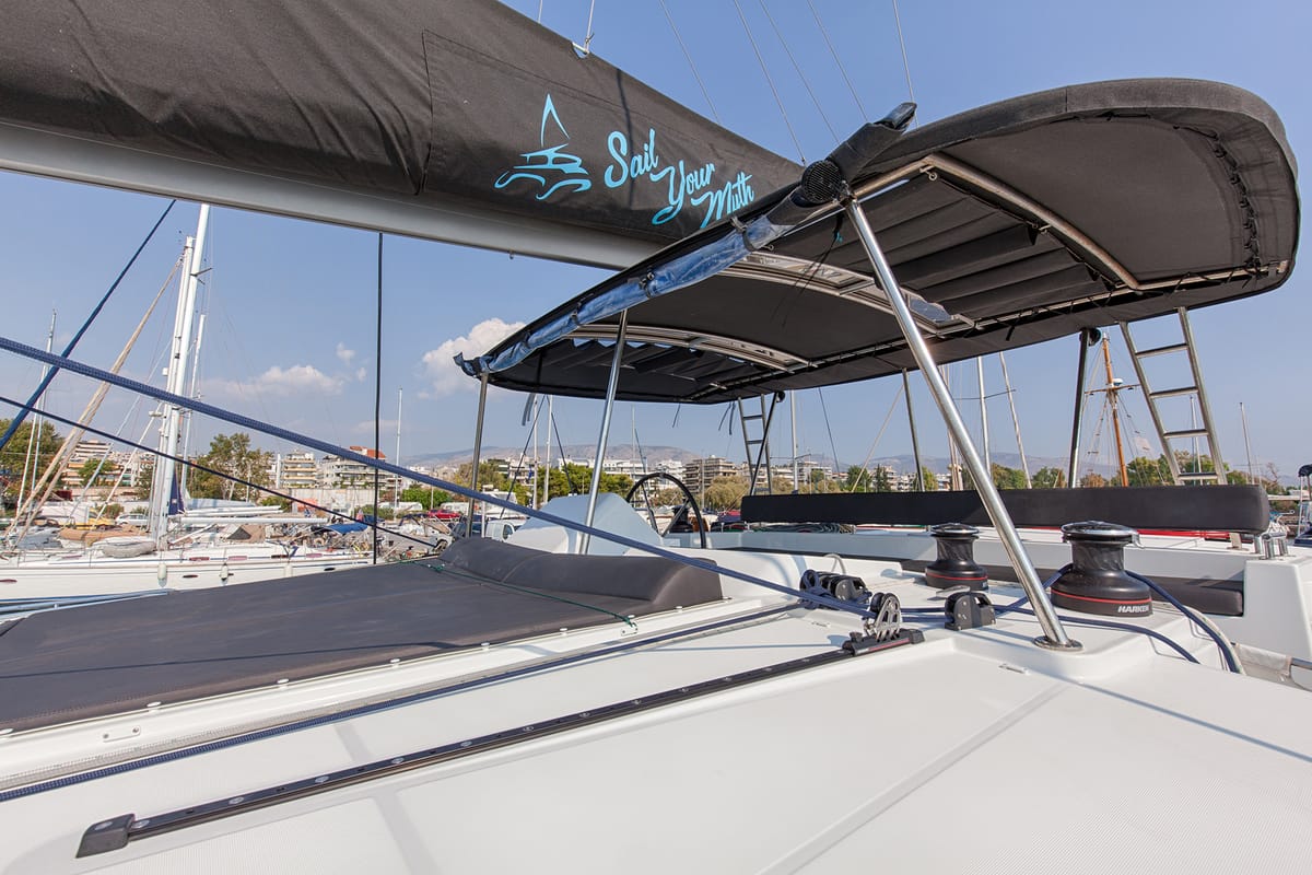 Cockpit of Relax, a Lagoon 450 Fly catamaran at Athens, Greece