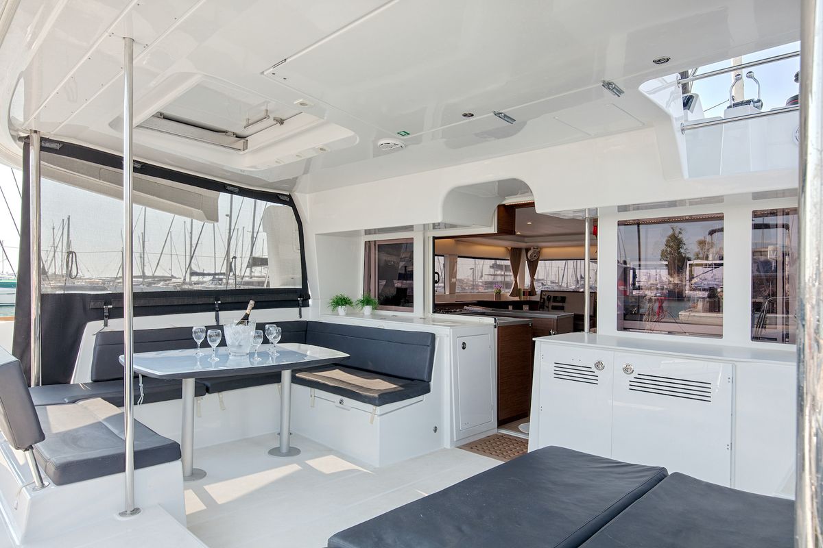 Deck of Relax, a Lagoon 450 Fly catamaran at Athens, Greece