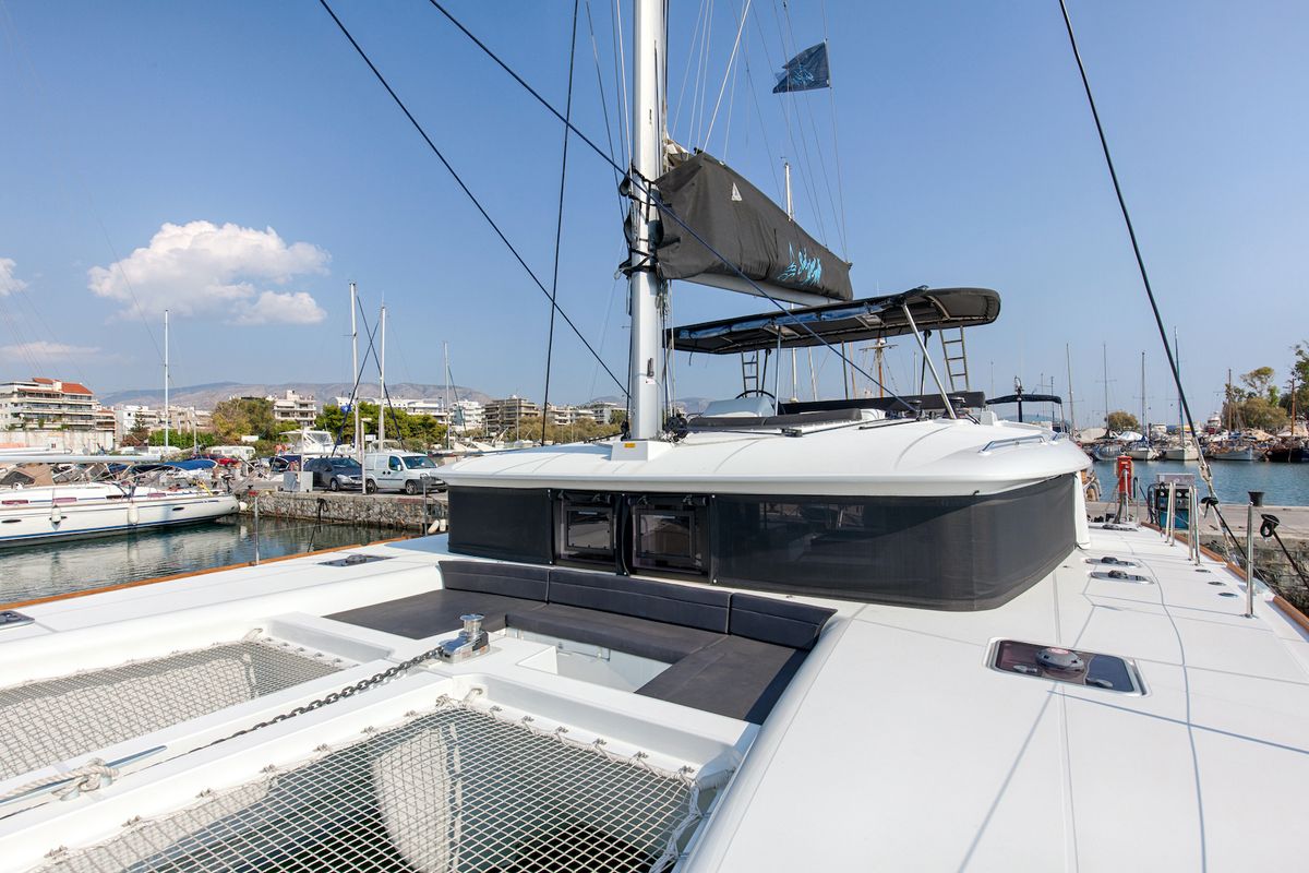 Deck of Relax, a Lagoon 450 Fly catamaran at Athens, Greece