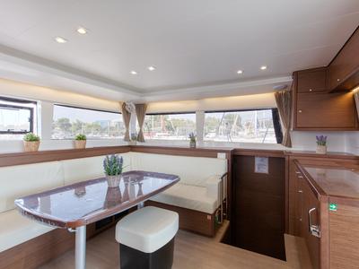 Salon of Relax, a Lagoon 450 Fly catamaran at Athens, Greece