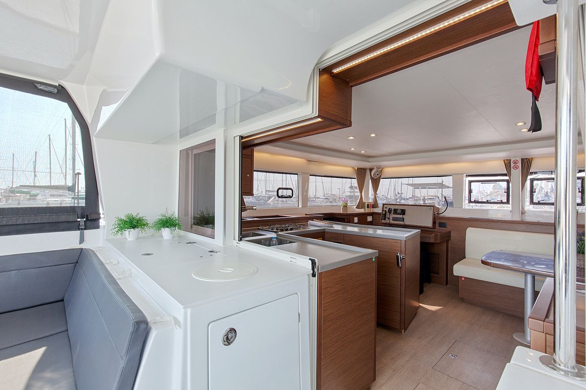 Salon of Relax, a Lagoon 450 Fly catamaran at Athens, Greece