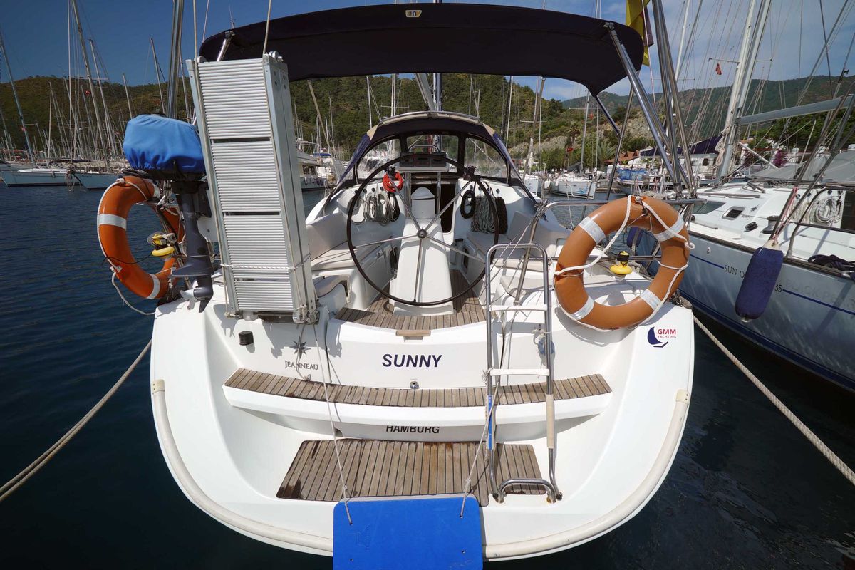 Cockpit of Primus Navi, a Jeanneau Sun Odyssey 36i sailboat at Marmaris, Turkey
