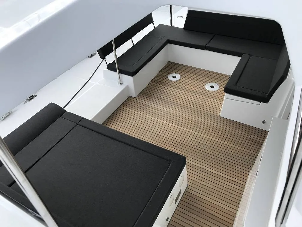 Deck of Arome, a Lagoon 450 Sport catamaran at Eden Island Marina, Seychelles