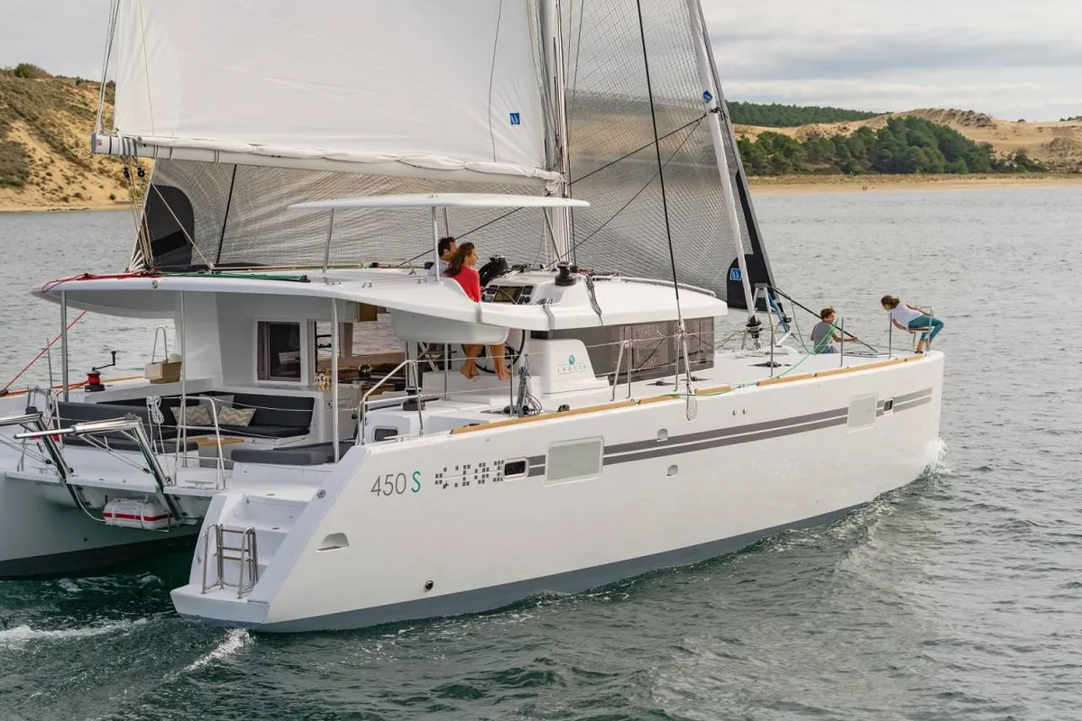Exterior view of Arome, a Lagoon 450 Sport catamaran at Eden Island Marina, Seychelles