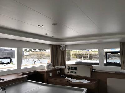 Cockpit of Arome, a Lagoon 450 Sport catamaran at Eden Island Marina, Seychelles