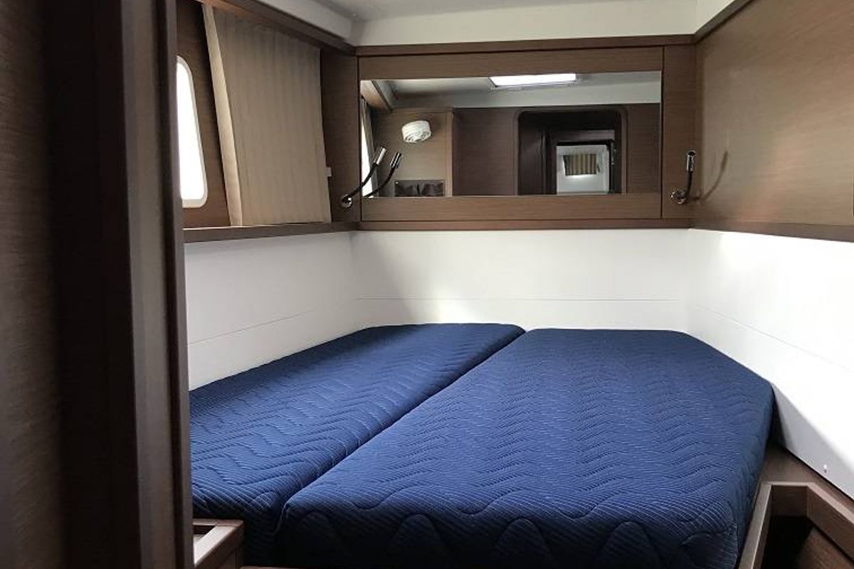 Cabin on Arome, a Lagoon 450 Sport catamaran at Eden Island Marina, Seychelles
