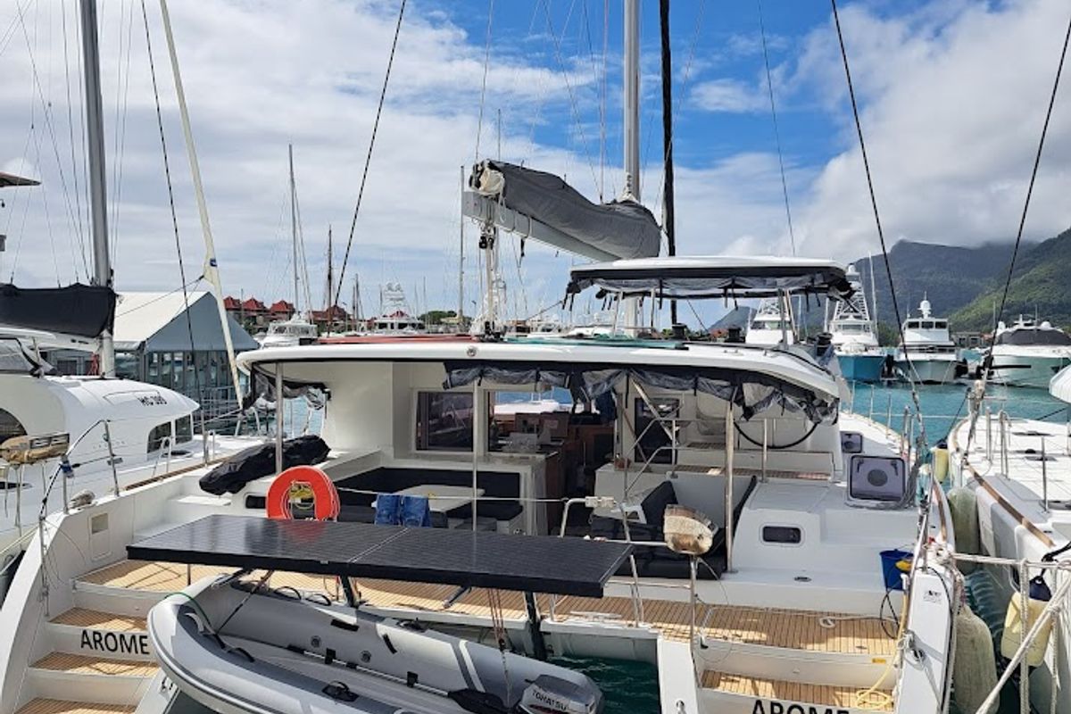 Exterior view of Arome, a Lagoon 450 Sport catamaran at Eden Island Marina, Seychelles