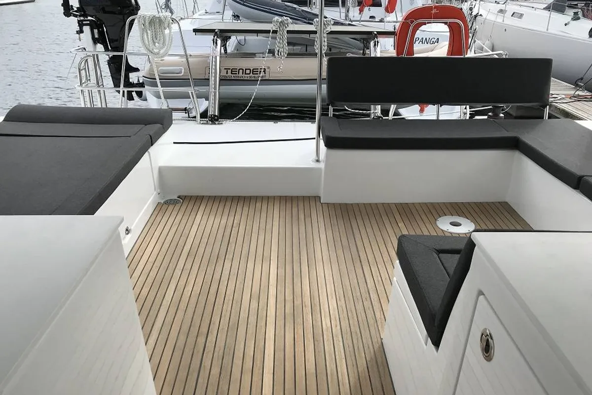 Deck of Arome, a Lagoon 450 Sport catamaran at Eden Island Marina, Seychelles