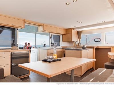 Salon of Arome, a Lagoon 450 Sport catamaran at Eden Island Marina, Seychelles